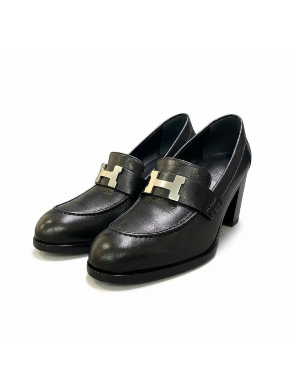 Hermes I8 Moccasins Dauphin Heels Loafers H Black Leather